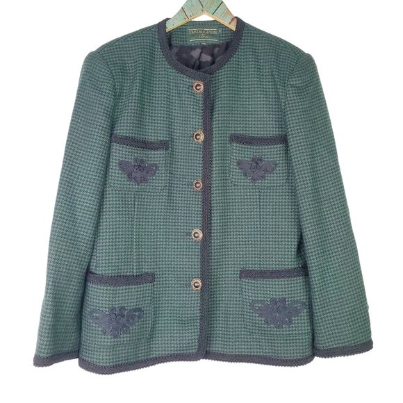 J. McLaughlin for Sanyo Jackets & Blazers - Vtg J. McLaughin for Sandro, Green Houndstooth, Blazer, Jacket, USA Made, Sz 12